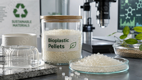 Bioplastic pellets and materials are displayed in a laboratory setting with equipment for testing and research