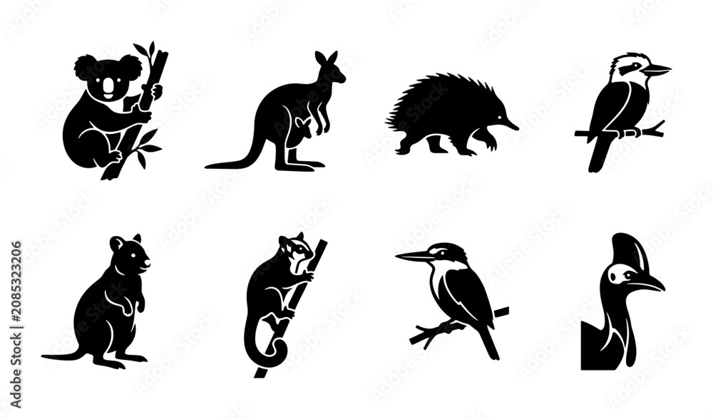 Αυτοκόλλητο Australian Wildlife Icons Set, Silhouette Vector Graphics of Native Animals, Koa