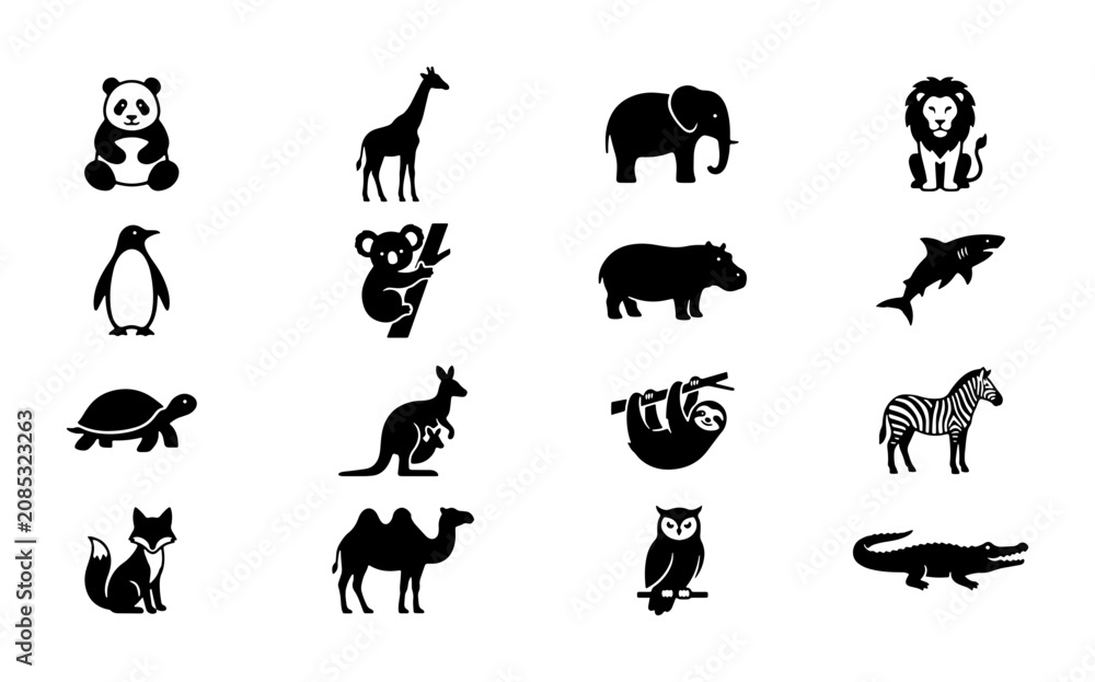 Fototapeta premium Cute Animal Silhouettes Vector Icons Set: Panda, Giraffe, Elephant, Lion, Penguin, Koala, Hippo, Shark, Turtle, Kangaroo, Sloth, Zebra, Fox, Camel, Owl, Crocodile