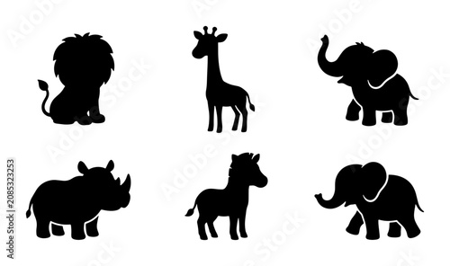 Photography African Safari Animal Silhouettes, Vector Set: Lion, Giraffe, Elephant, Rhino, Z