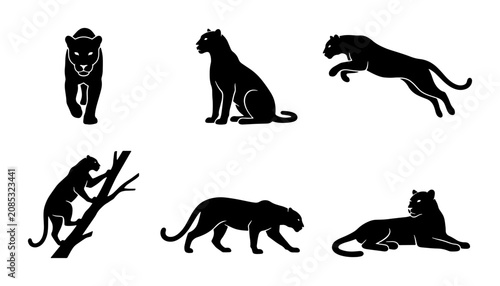 Sticker Black Panther Vector Icons Set, Wild Cat Silhouettes, Elegant Feline Poses, Jung