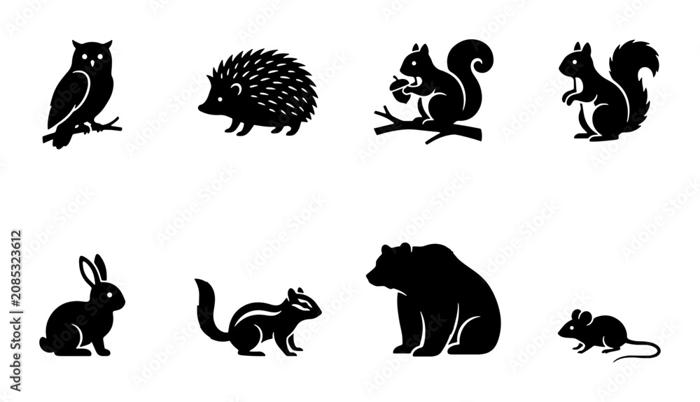Naklejka premium Forest Animals Silhouette Collection: Owl, Bear, Squirrel, Hedgehog Icons