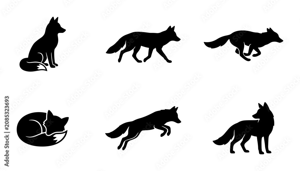 Obraz premium Black Fox Silhouettes, Woodland Animal Poses, Wild Canine Vector Icons Set