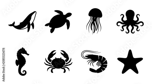 Foto Ocean Sea Life Icons, Marine Animal Silhouettes, Underwater Creatures Vector Set