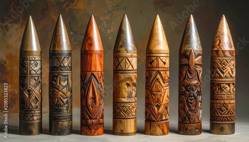 Decorative Carved Wooden Cylinders in Row