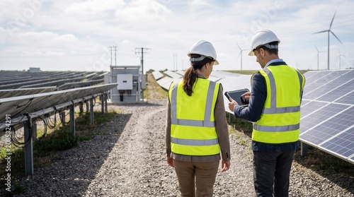 Engineers inspecting solar panels and wind turbines at renewable energy power plant site discussing sustainability