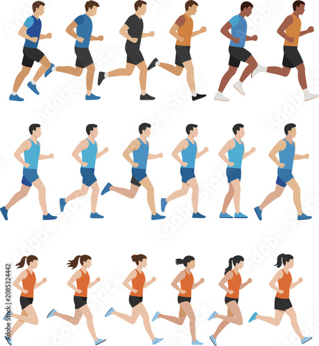 Running people animation cycle vector set, jogging man and woman sprite sheet on white background