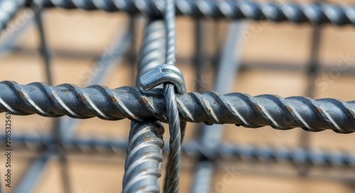 Close-up macro view of steel rebar being tightly bound with wire for structural reinforcement in construction