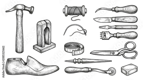 Schilderij op canvas Vintage Hand Drawn Shoemaking Tools Vector Collection with Cobbler Hammer Thread