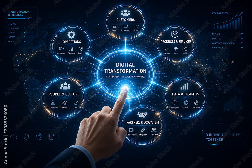Fototapeta premium A hand about to click on a digital technology interface with various icons