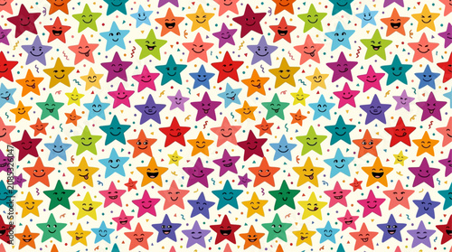 Tableau sur toile Vibrant multicolored celestial star seamless pattern featuring cheerful smiling face for festive celebration, kid birthday party, joyful holiday wallpaper, and decorative textile print