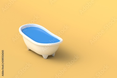Bathtub with water on orange background. Modern bath. Oval tub. Bathroom furniture. Copy space. 3d render