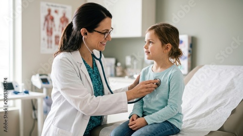 A female pediatrician using a stethoscope to check a young girl's heartbeat during a routine medical examination in a modern clinic. The child sits calmly while the doctor performs a thorough.
