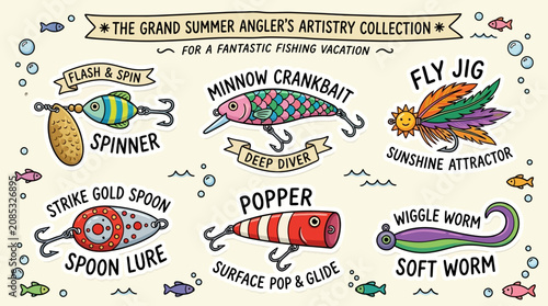 Canvastavla Vibrant assortment of artistic fishing lure and aquatic bait illustration set fe