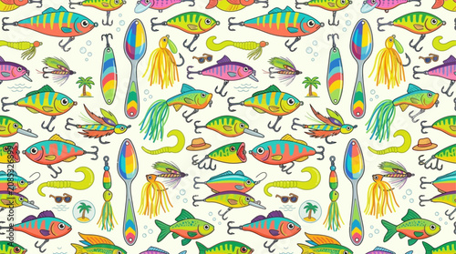 Canvastavla Seamless pattern featuring vibrant fishing lures and hooks on a bright summer background, ideal for vacation travel concepts and outdoor angling activity bait cartoon backdrop illustration