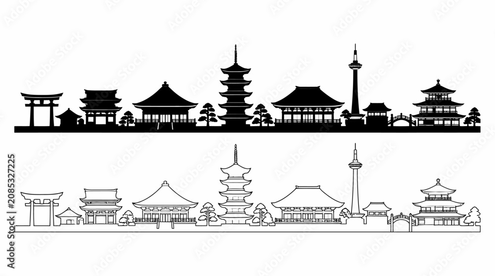 Obraz premium Kyoto City Skyline Silhouette and Outline Vector Illustration