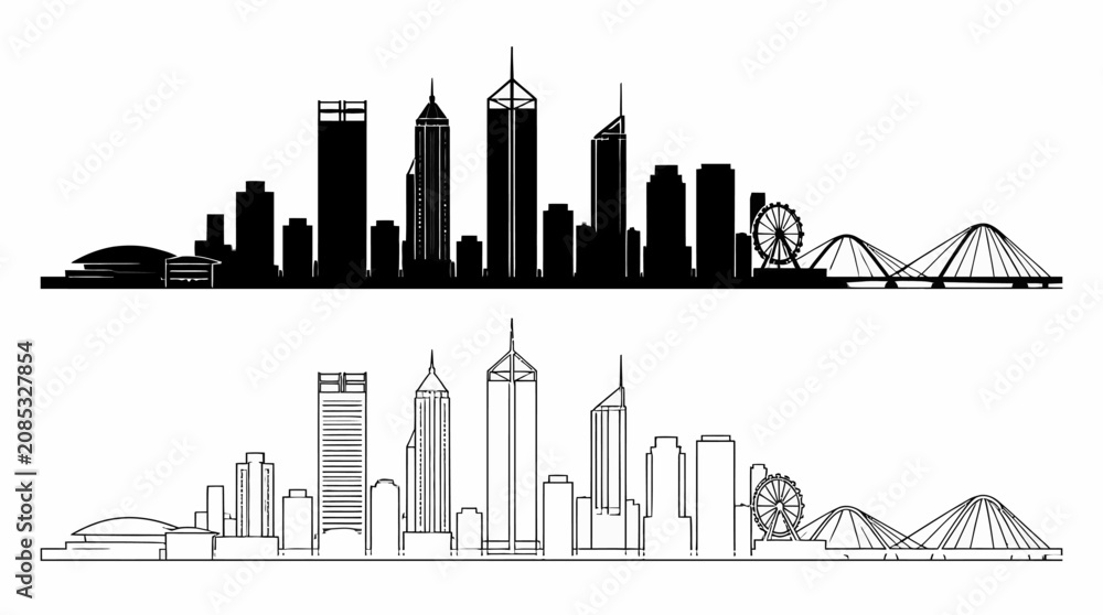 Obraz premium Melbourne city skyline silhouette with outline and solid versions