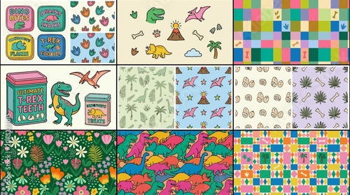 Obraz na plátne Comprehensive collection of vibrant prehistoric creatures including Tyrannosaurus and Triceratops depicted as playful hand-drawn sketches on white for nursery school or graphic projects