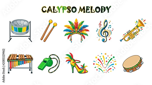 Quadro su tela Colorful Caribbean Music Illustration with Instruments and Tropical Decorations