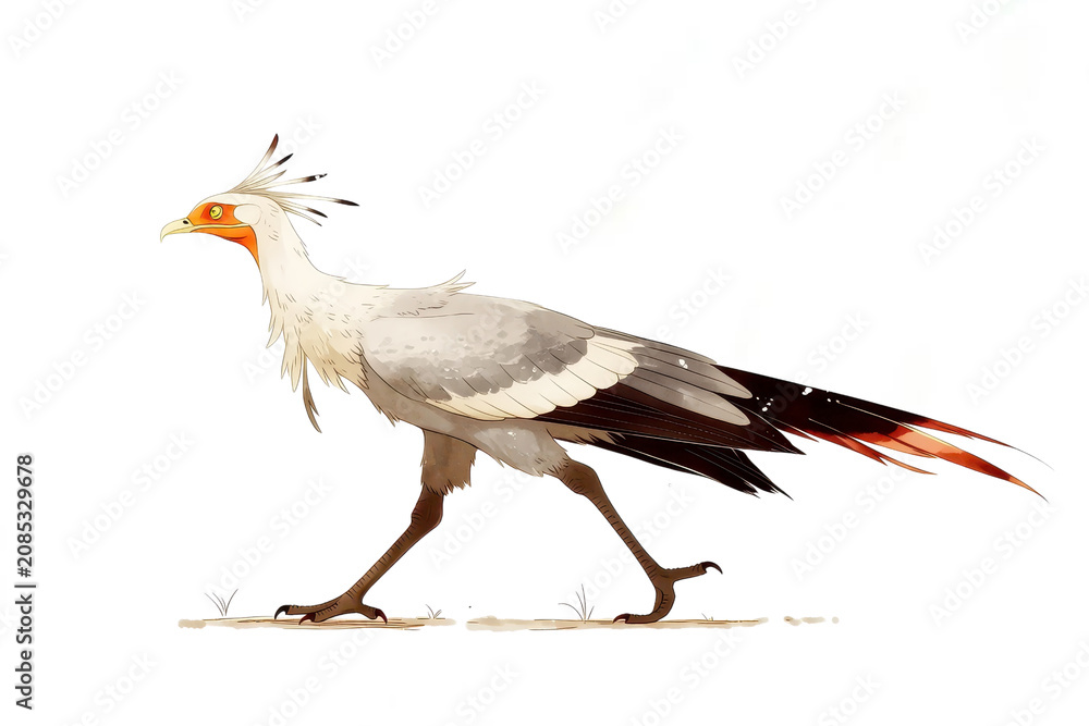 Fototapeta premium side view of graceful secretary bird walking across flat arid terrain in stylized illustration