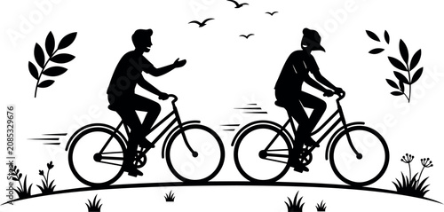 Fotografija Two cyclists riding bikes in nature silhouette vector