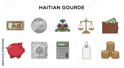 Canvastavla Haitian Gourde Currency Symbols and Financial Elements Illustration on White Bac