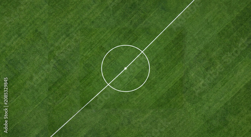 Aerial View of Soccer Field Center Marking on Green Grass