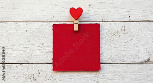 Blank red paper with heart clip on white wooden surface