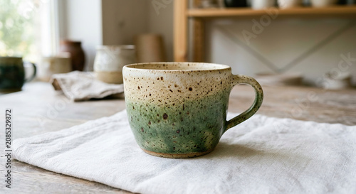 Handmade Speckled Green Ceramic Mug on Linen Cloth