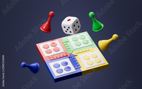 Colorful leisure board game pawn. Battle Ludo game. 3d rendering.