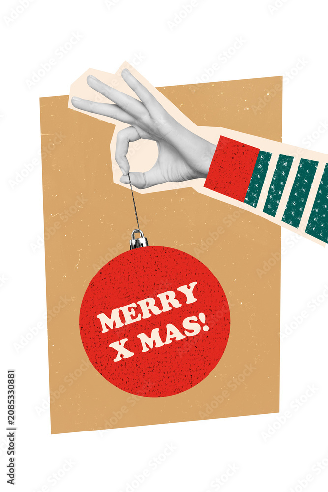 Fototapeta premium 3d creative photo collage of hand hold bauble decor new year tree celebration xmas occasion jolly tradition event on orange background