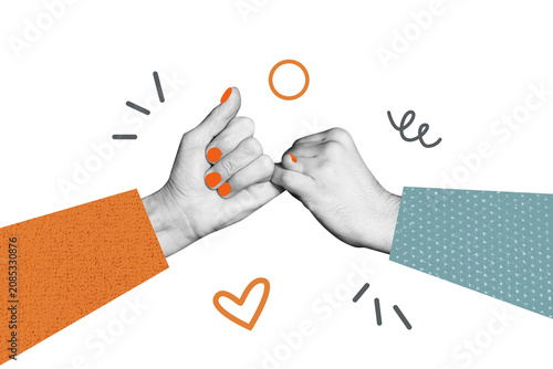Fotografie Composite photo collage of people hold pinky fingers hands together promice forg