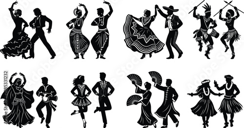 Tableau sur toile Collection of traditional world folk dance silhouettes featuring multicultural c