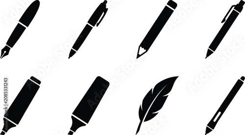 Foto Collection of writing and drawing instruments vector silhouettes featuring fount