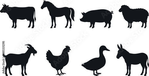 Φωτογραφία Farm animals silhouette vector icon set featuring cow horse pig sheep goat chick