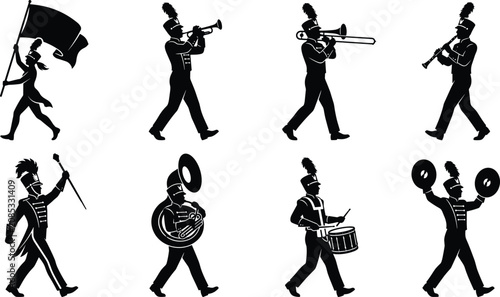 Photos Marching band silhouette icon set featuring musicians in uniform playing trumpet