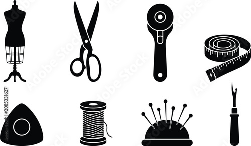 Photos Sewing and tailoring tools black silhouette icon set featuring mannequin scissor