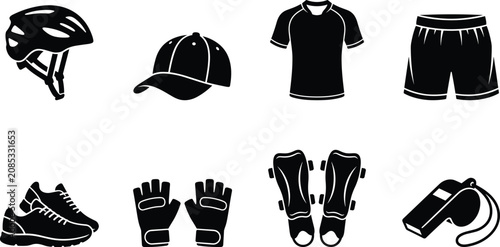 Bilde på lerret Sports clothing and gear icon set featuring helmet cap jersey shorts running sho