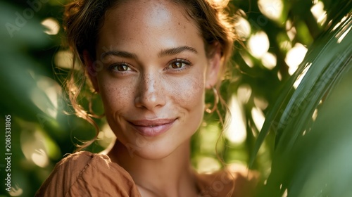Freckled woman smiling among sunlit tropical leaves