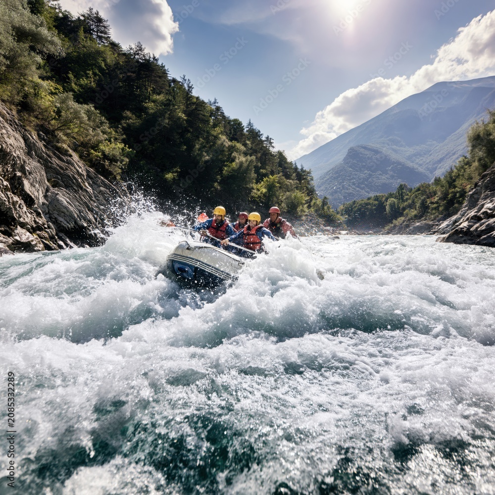Fototapeta premium Cinematic White Water Rafting Adventure on Tama River with Lush Mountain Landscape and Action Splash