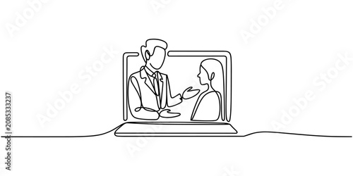 Fotografie Telemedicine Consultation Laptop Continuous One Line Drawing Vector