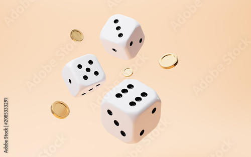 Foto White dices with black dots set and splashing coins