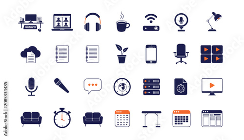 Obraz na płótnie Clean Flat Vector Remote Work and Home Office Icon Set