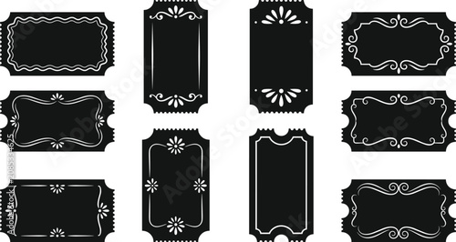 Cuadro en lienzo Set of black vintage ticket stubs and decorative labels with ornate borders isol
