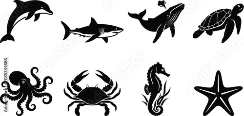 Canvas Print Set of sea creatures black glyph icons featuring dolphin shark whale sea turtle