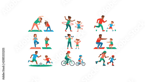 Tableau sur toile Parents and kids exercising together vector set featuring family doing yoga gymn