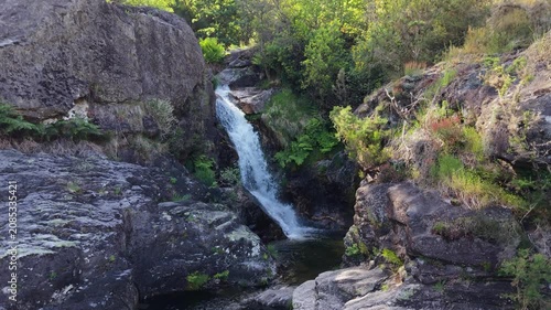 Torrent Of Tourón Waterfall In Melón, Ourense, Galicia, Spain. Aerial Pullback Shot