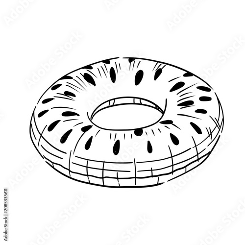 Hand-drawn sketch style vector illustration of an inflatable swim ring shaped like a watermelon slice. Black outline drawing isolated on a white background. Perfect for coloring pages, prints