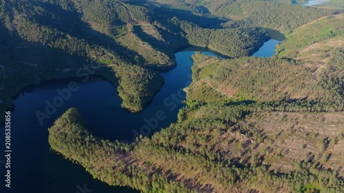 Avia River Valley And Surrounding Galician Villages At Mirador de San Vicente In Avión, Ourense Province Of Galicia, Spain. Aerial Drone Shot
