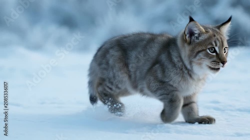 Young lynx cub playfully bounds snowy landscape